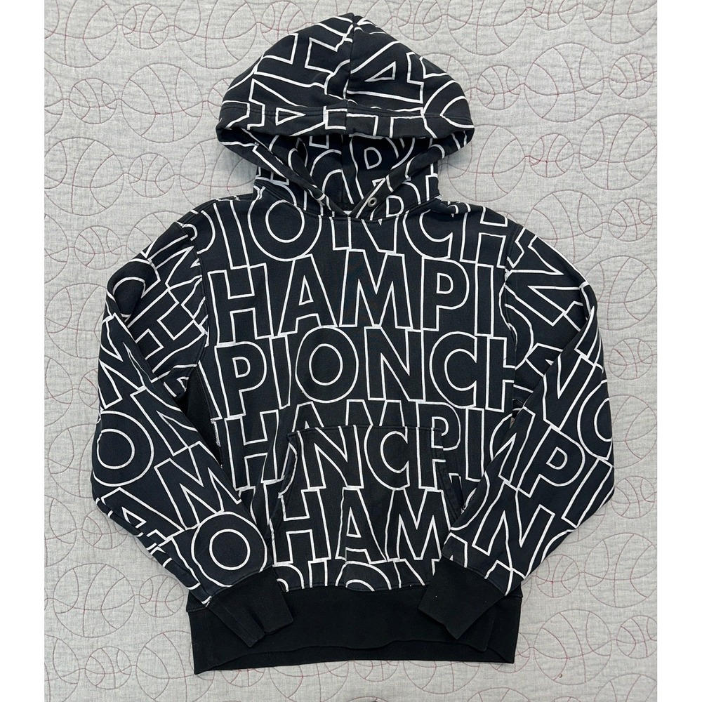 Champion Reverse Weave Hoodie Black All Over Print / Mens Large